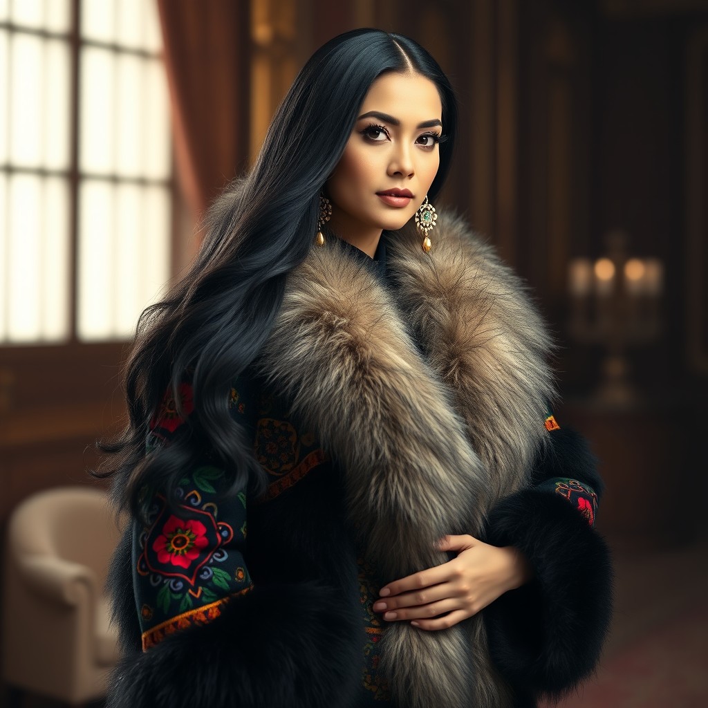 A graceful Turkmen woman standing in an elegant pose, wearing a luxurious fur jacket adorned with intricate patterns, showcasing vibrant colors and rich textures typical of Turkmen traditional attire