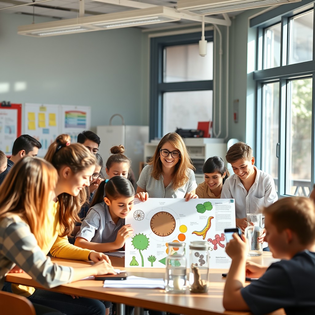 A vibrant and engaging classroom scene depicting a diverse group of grade 10 students actively participating in a biology class