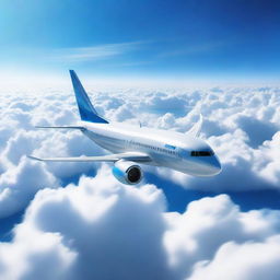 A futuristic concept art of a prototype Boeing 737 flying majestically over a sea of fluffy clouds, against a backdrop of a brilliant blue sky.