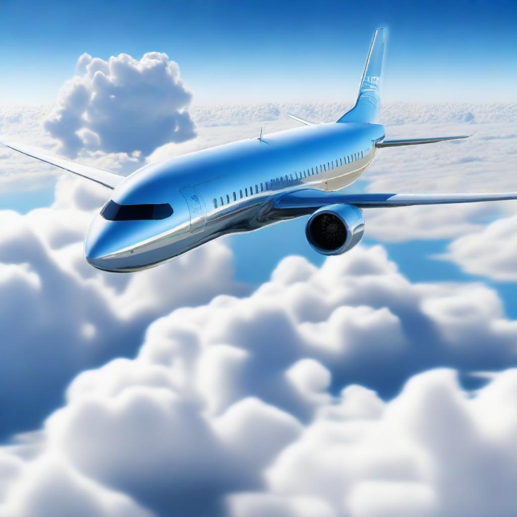 A futuristic concept art of a prototype Boeing 737 flying majestically over a sea of fluffy clouds, against a backdrop of a brilliant blue sky.