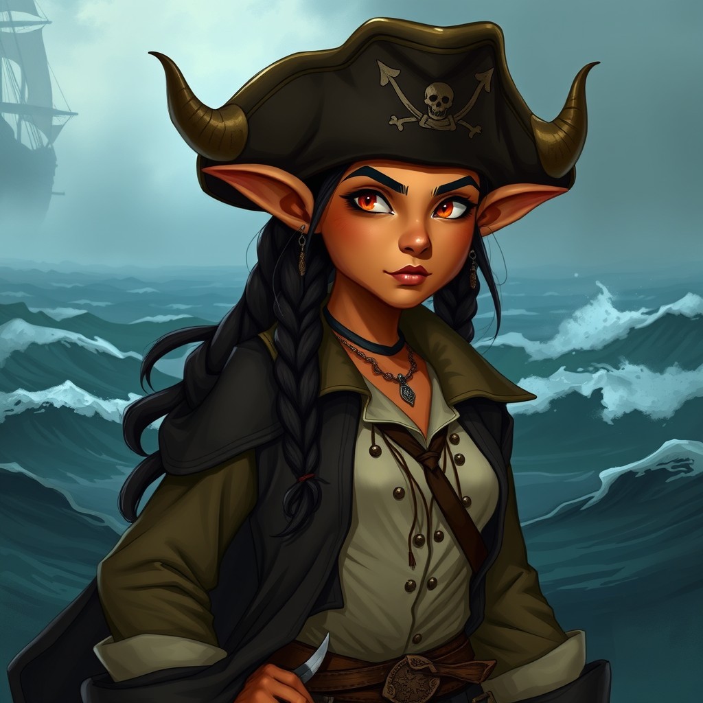 A tan-skinned tiefling character with distinguishing features, wearing a captain's pirate hat that stylishly conceals her horns