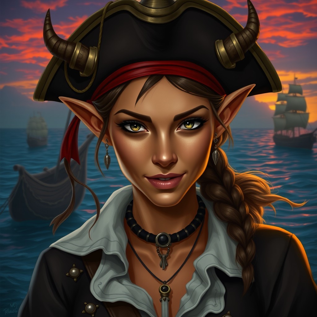 An adult woman tiefling with tan skin, wearing a captain's hat that cleverly conceals her horns