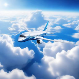 A futuristic concept art of a prototype Boeing 737 flying majestically over a sea of fluffy clouds, against a backdrop of a brilliant blue sky.