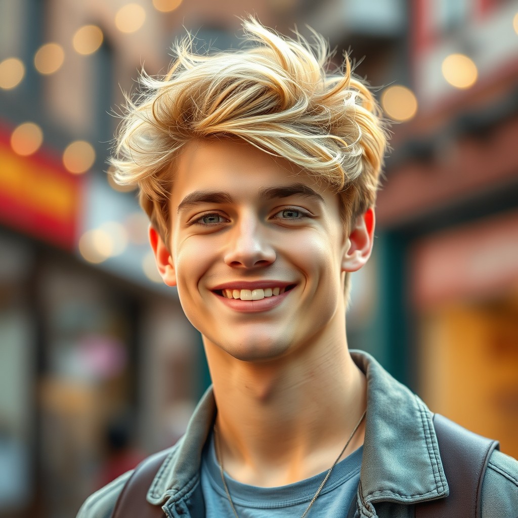 A handsome young man with striking, tousled blonde hair, showcasing a charming smile