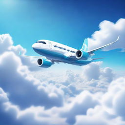 A futuristic concept art of a prototype Boeing 737 flying majestically over a sea of fluffy clouds, against a backdrop of a brilliant blue sky.