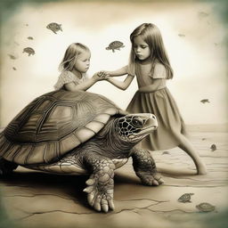 An imaginative image of a turtle with the head of a young girl, creating a fantastical creature.