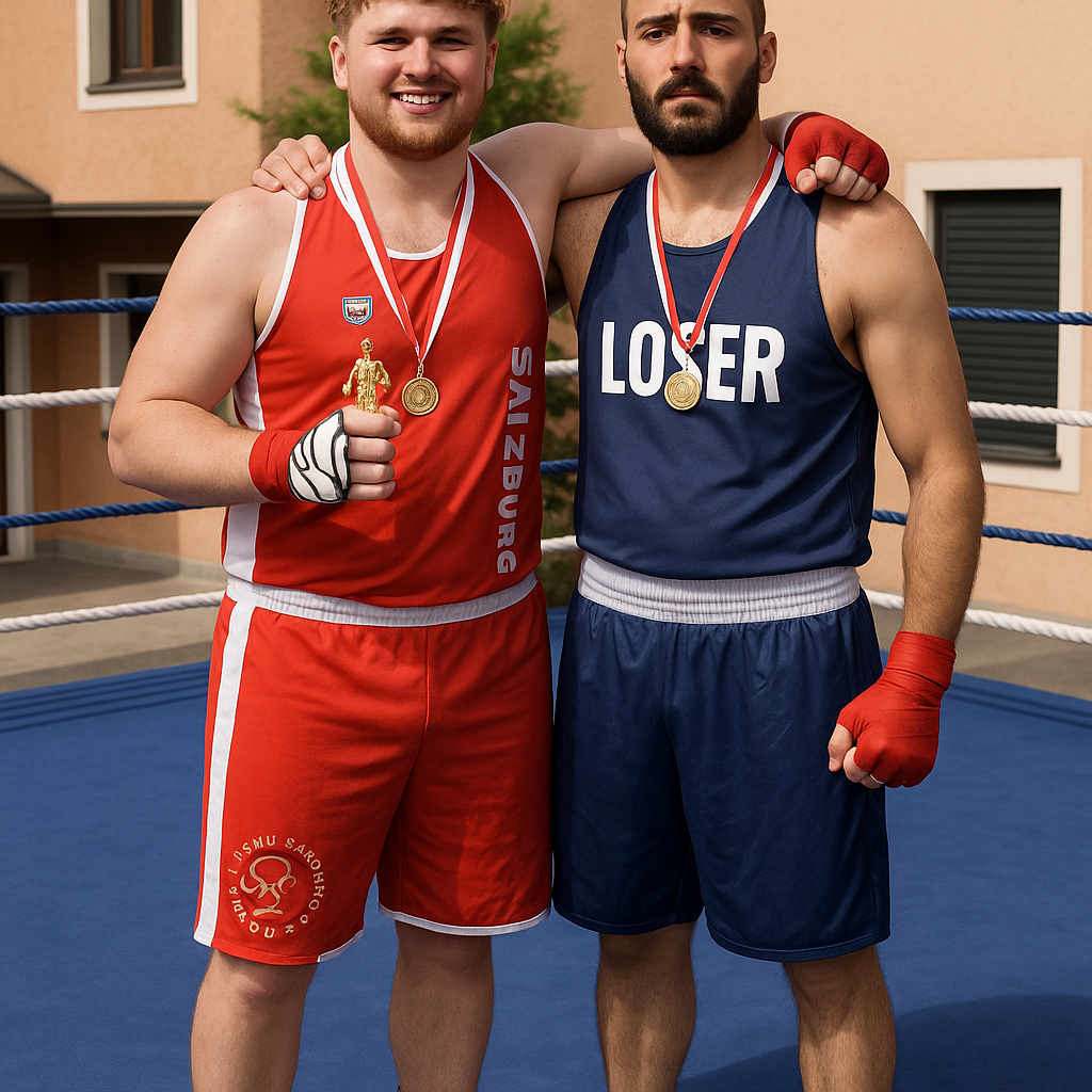 Mann I’m red fit krone auf dem Kopf wie der King winner In blue fit Big Loser Mann in Rot ist 10cm Größer