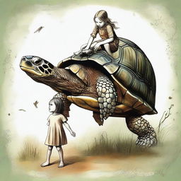 An imaginative image of a turtle with the head of a young girl, creating a fantastical creature.