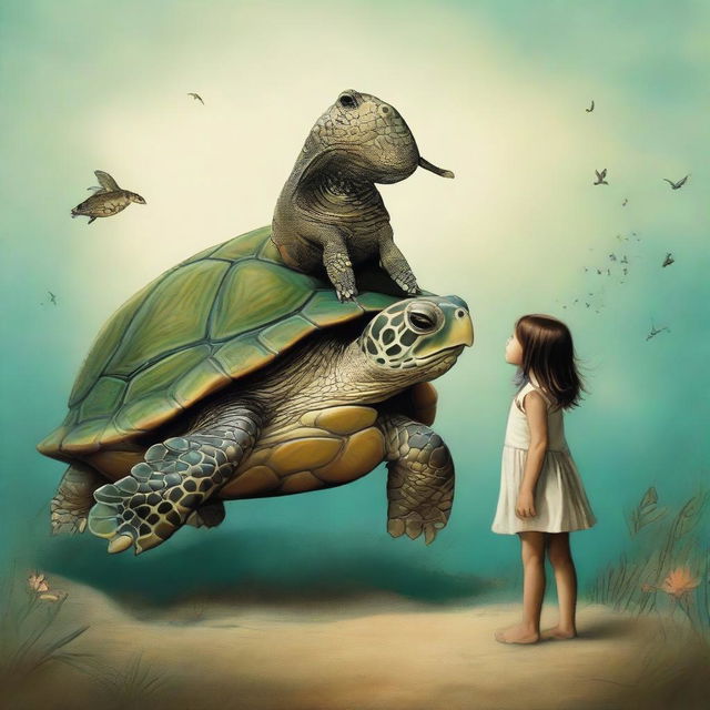 An imaginative image of a turtle with the head of a young girl, creating a fantastical creature.