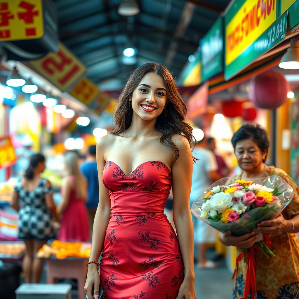 A beautiful woman dressed in a hot romantic mini dress, standing in a lively market