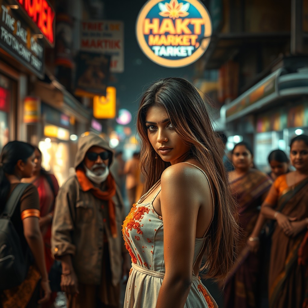 A cinematic and dramatic Indian market scene at night, featuring neon market lights and glistening streets after rain