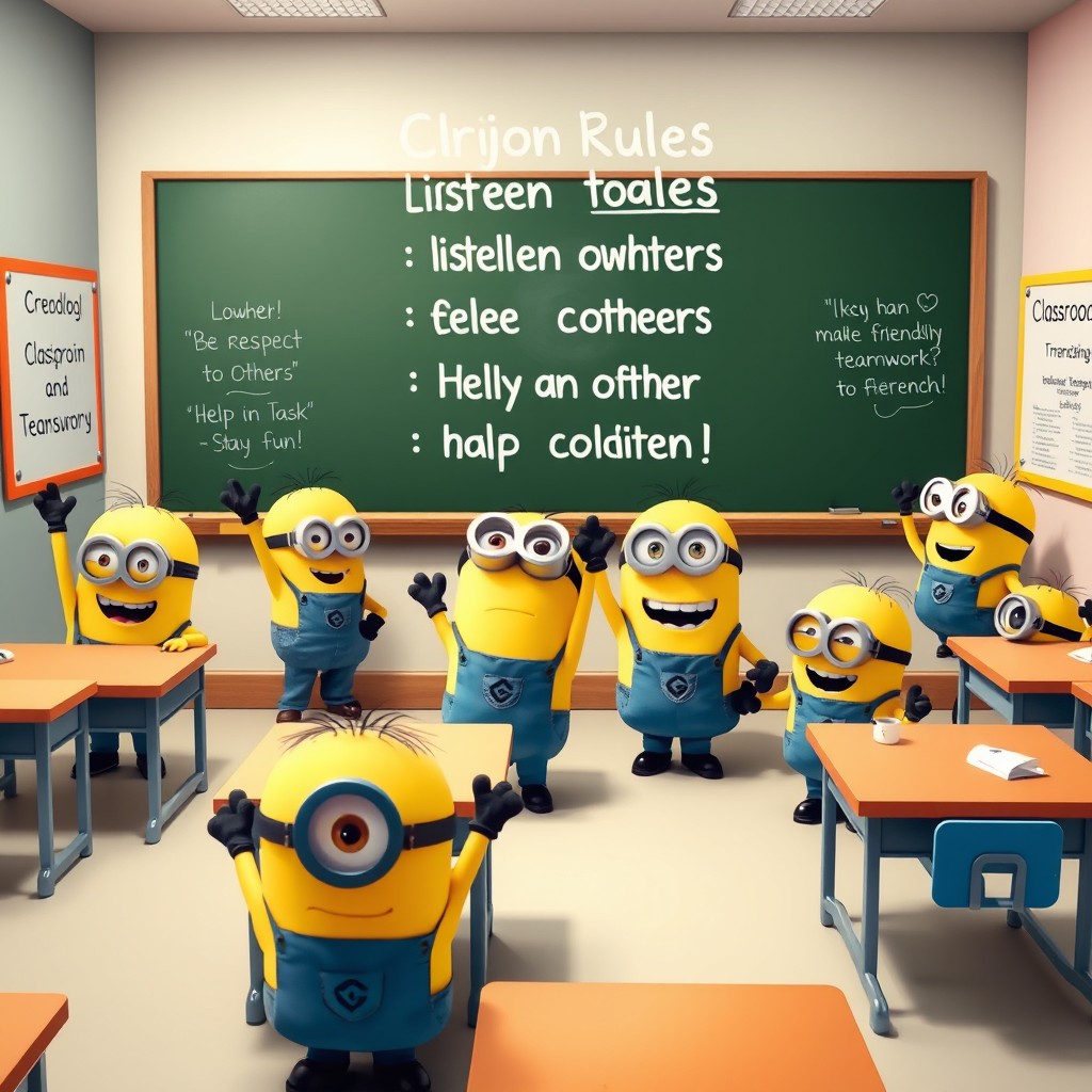 A vibrant and colorful illustration of a classroom setting with Minions as students and teachers