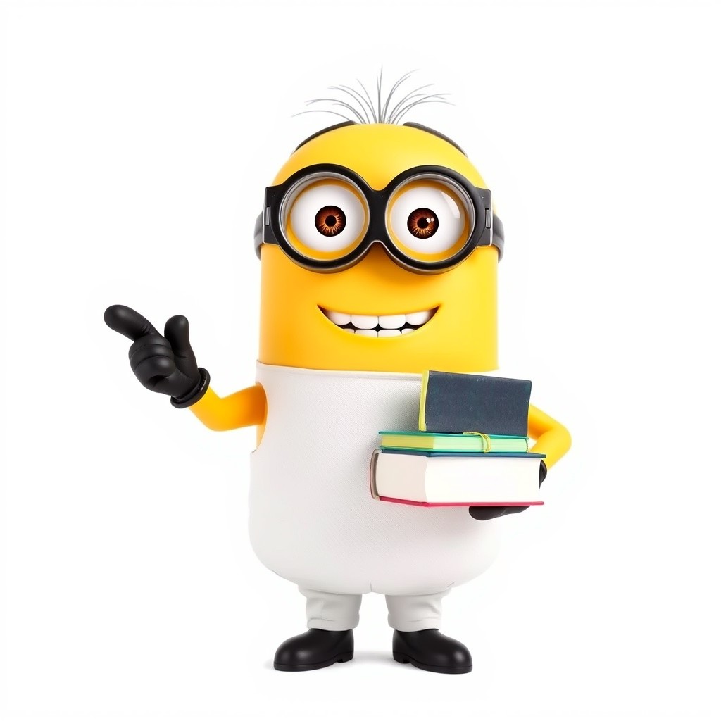 A charming Minion character dressed as a teacher, standing proudly in front of a white background