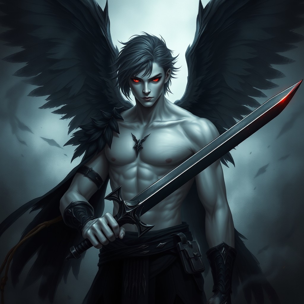 A male fallen aasimar, depicted as a dark angel of darkness, featuring striking red eyes and pale, almost ethereal skin