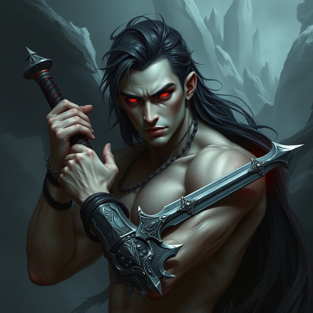 A male fallen aasimar character, embodying the essence of a dark angel of darkness