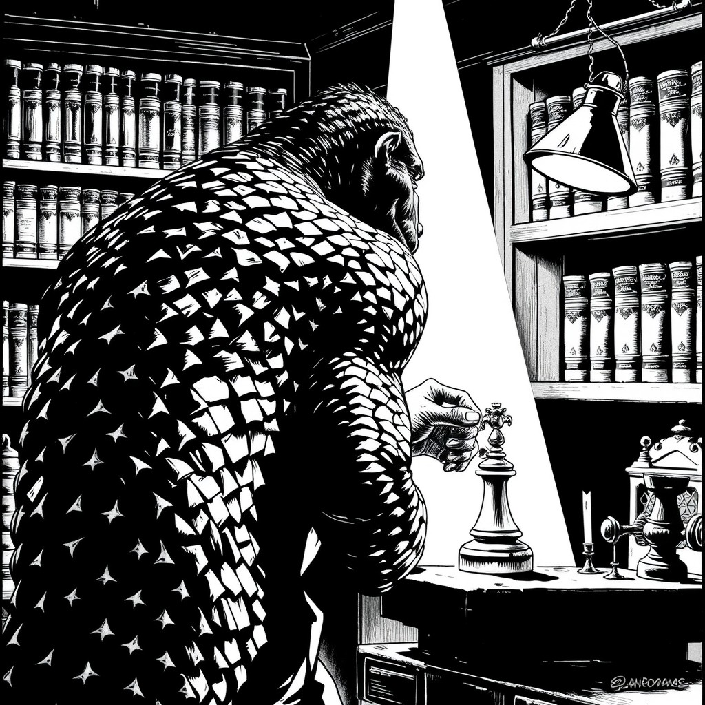 A noir storyboard illustration in black and white comic style, featuring a strong, high-contrast, tonally rich ink drawing