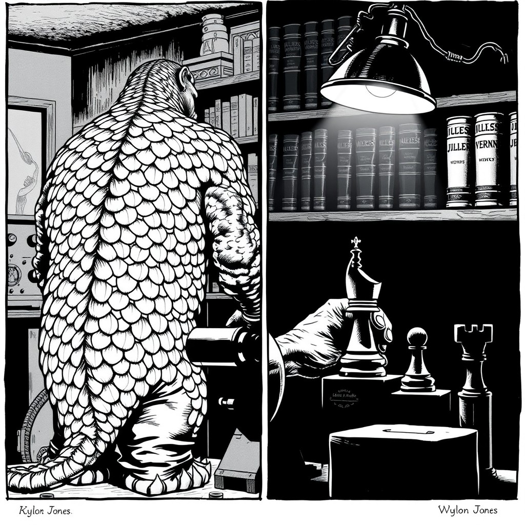 A noir storyboard illustration in black and white comic style, featuring a strong, high-contrast, tonally rich ink drawing with a split panel layout