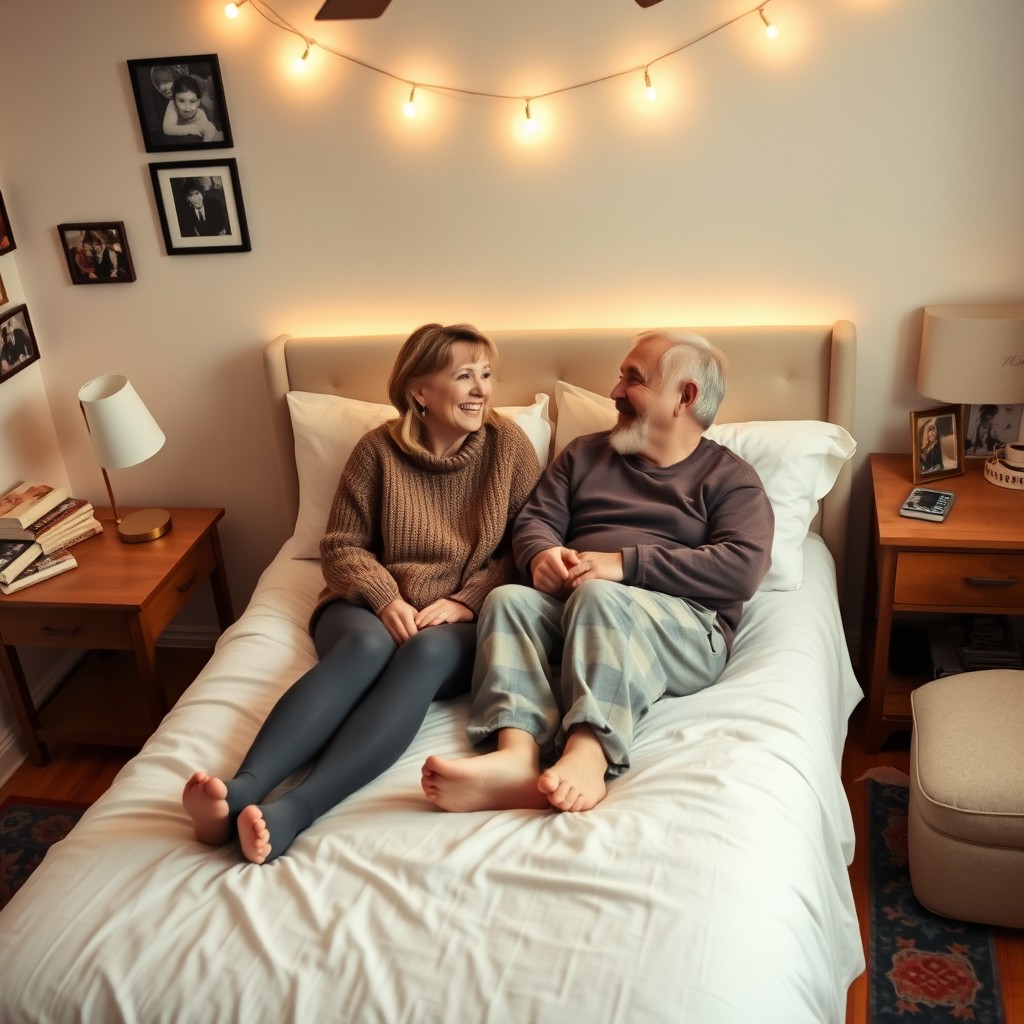 A cozy and intimate setting featuring an aunt and uncle sitting together on a neatly made bed, surrounded by soft pillows and warm lighting