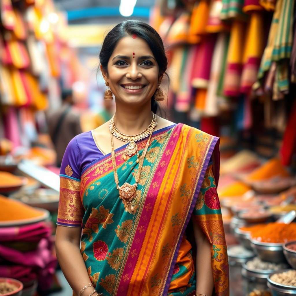 A traditional Indian woman wearing a vibrant and richly adorned saree, showcasing intricate patterns and a blend of colors