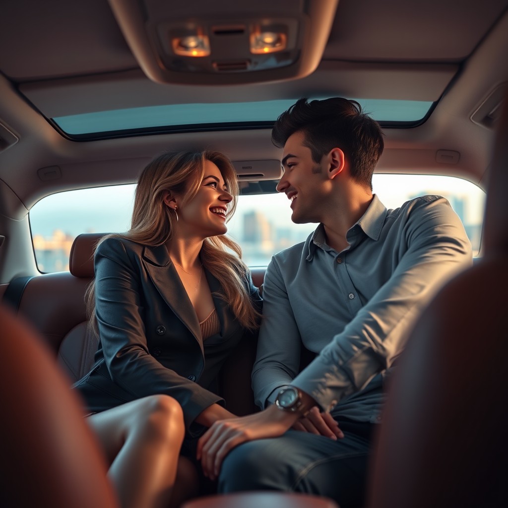 A romantic scene set in a luxurious car, featuring a stylishly dressed middle-aged woman (aunt) and a young man engaged in a flirtatious conversation