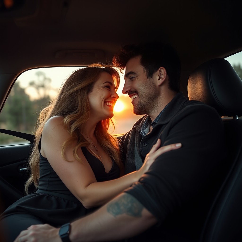 A romantic scene of a mature woman and a younger man in a cozy, intimate car setting