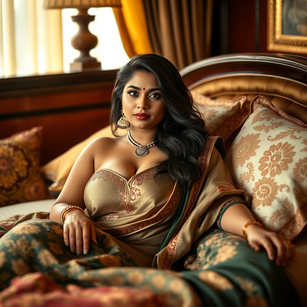 A curvaceous Indian woman lounging on a luxurious bed, dressed in elegant traditional attire that showcases her figure beautifully