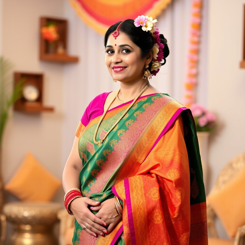 A beautiful Desi aunty dressed in a vibrant saree, showcasing intricate traditional patterns and rich colors