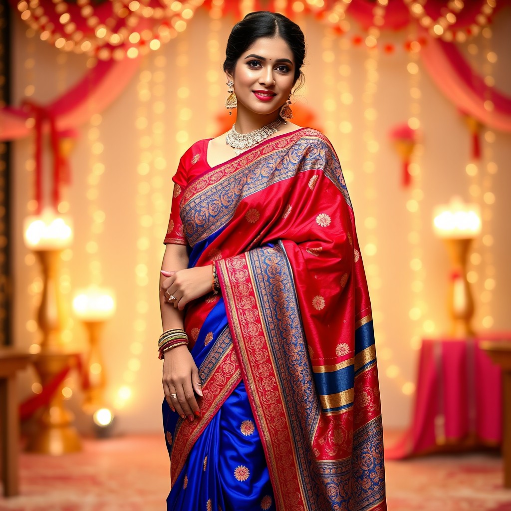 A fashionable South Asian woman, referred to as a 'desi aunty', wearing a vibrant traditional saree with intricate patterns and embellishments