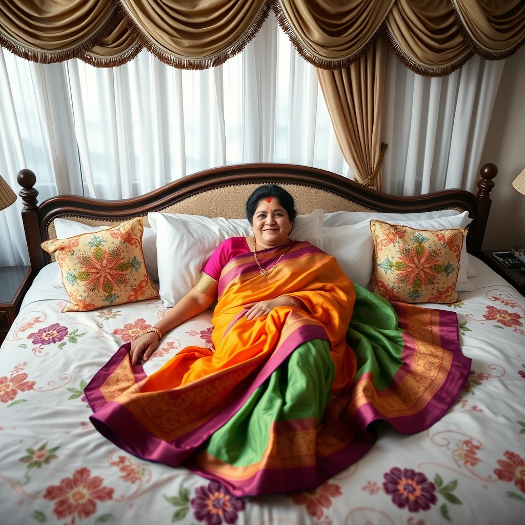 A desi aunty lounging gracefully on a beautifully made bed, wearing a colorful traditional saree