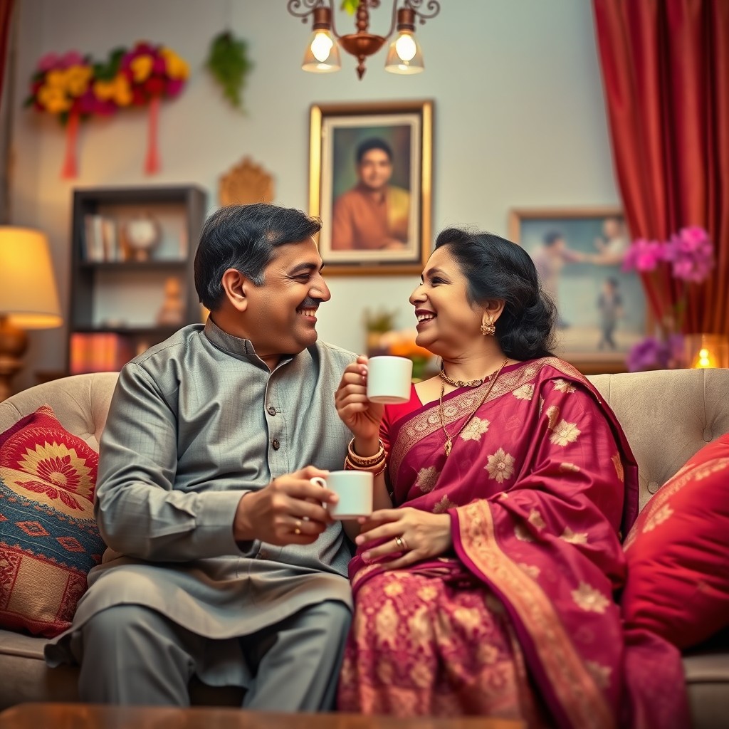 A romantic scene featuring a Desi aunt and uncle in a cozy, intimate setting, perhaps in a beautifully decorated living room adorned with traditional Indian decor like colorful cushions, hanging lights, and a warm ambiance
