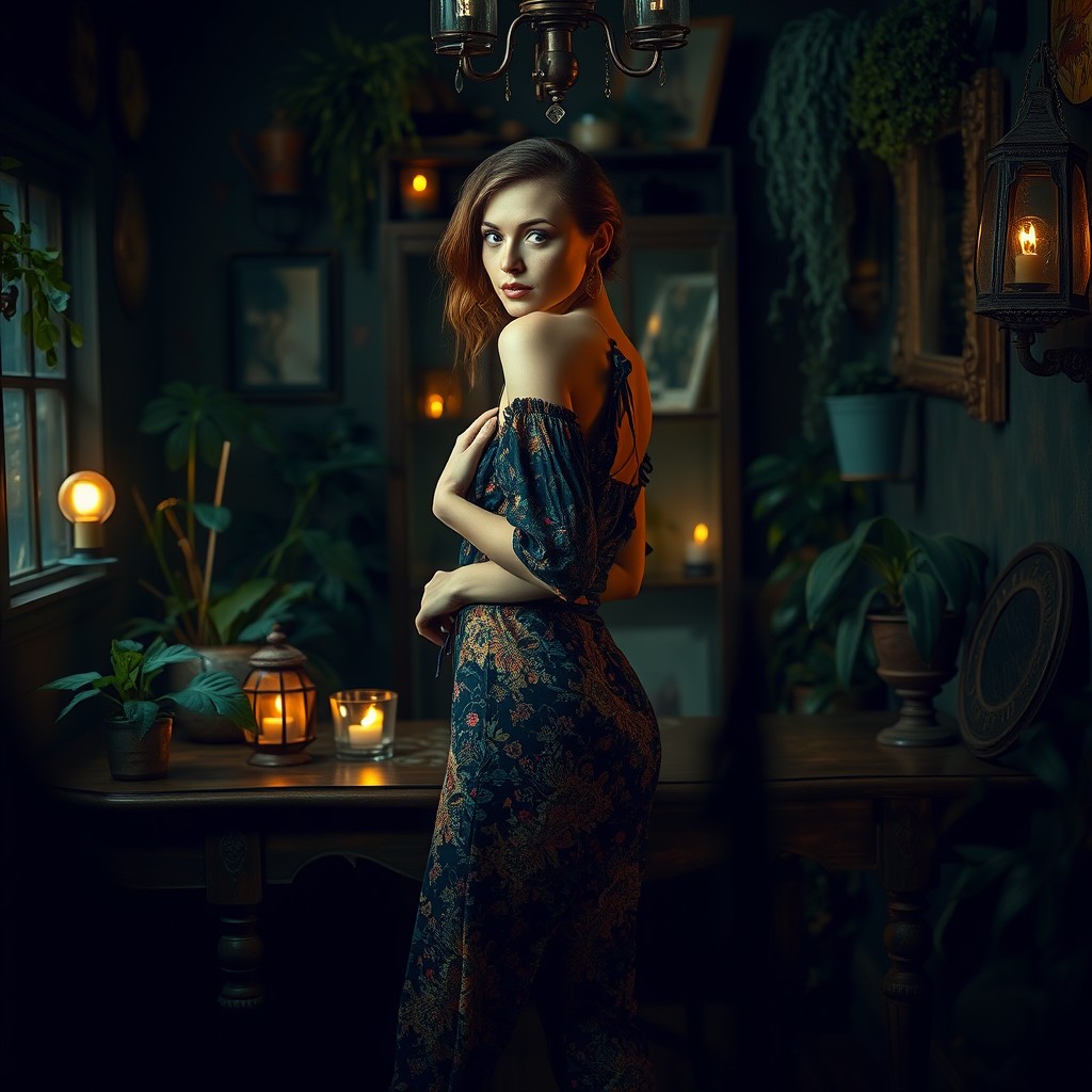 A dramatic scene depicting a woman, dressed in a stylish and colorful outfit, standing in a dimly lit room filled with vintage decor