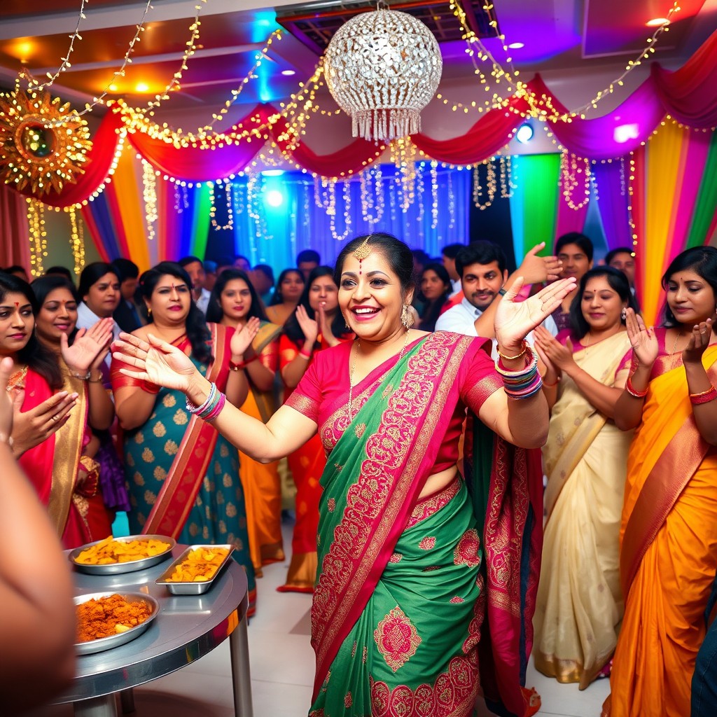 A lively scene at a vibrant Indian party with a Desi aunty dancing joyfully in traditional attire
