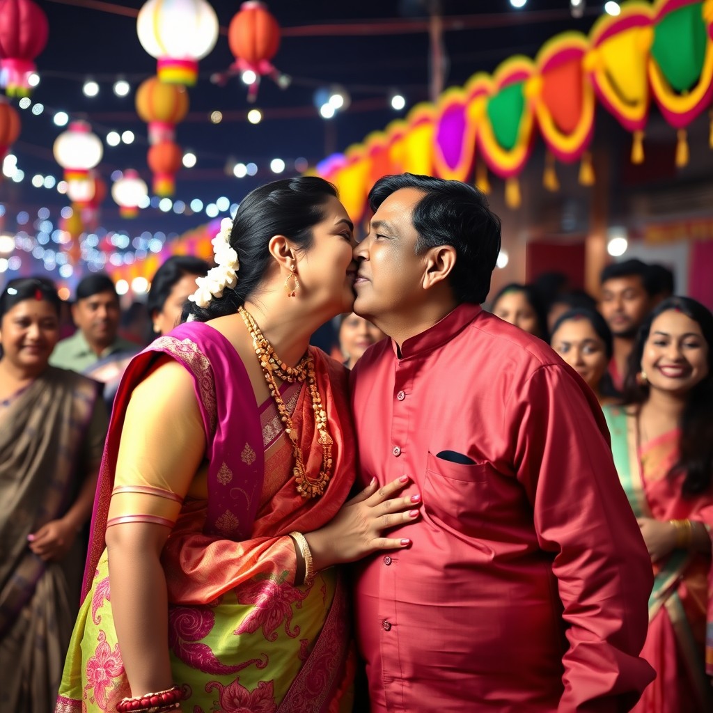 A charming and lighthearted scene featuring a Desi aunty and uncle sharing a sweet kiss at a vibrant cultural festival