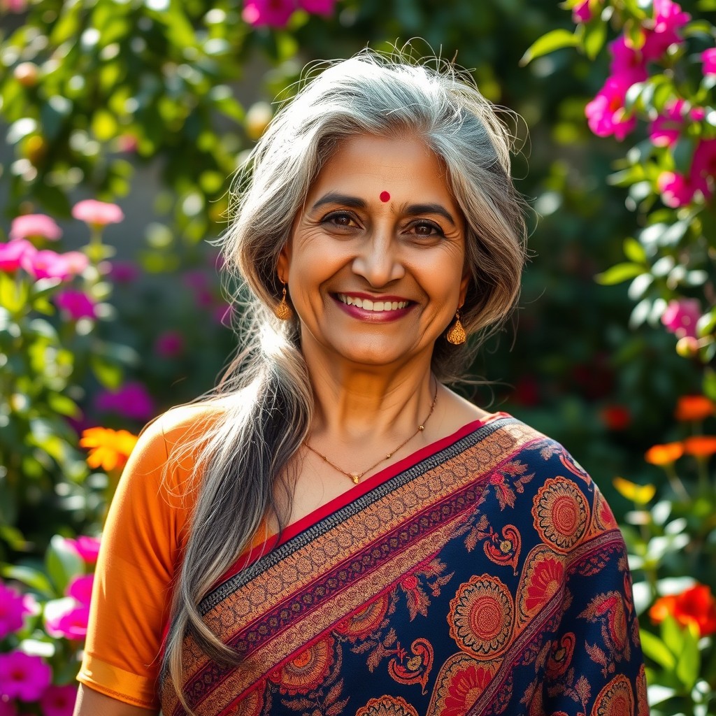 A beautiful 50-year-old Indian woman with long, graying hair styled elegantly