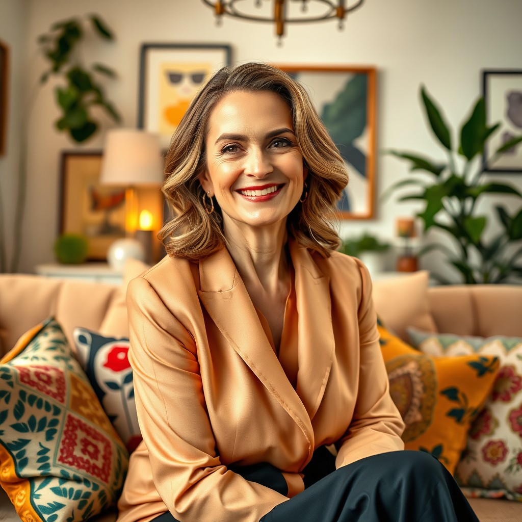 A stylish and sophisticated woman in her 40s, known as 'Pinterest Aunty', showcasing an elegant outfit