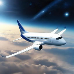 A prototype Boeing 737 in a futuristic design soaring on the edge of space, against a backdrop of stars and the curving horizon of Earth.