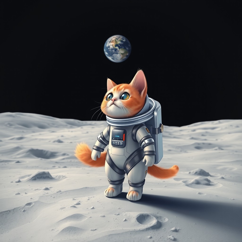 A cute cat in a futuristic space suit, standing on the moon's surface, looking curiously at the Earth in the distance