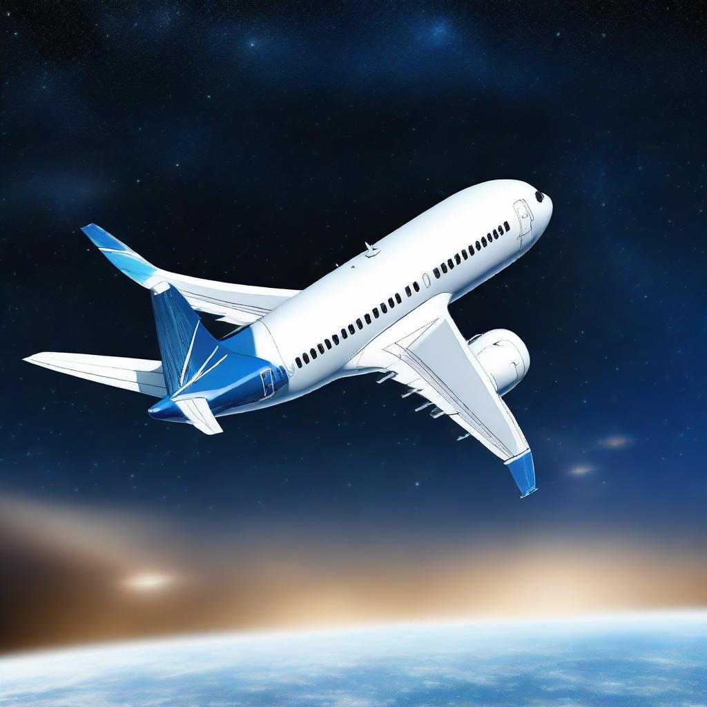 A prototype Boeing 737 in a futuristic design soaring on the edge of space, against a backdrop of stars and the curving horizon of Earth.