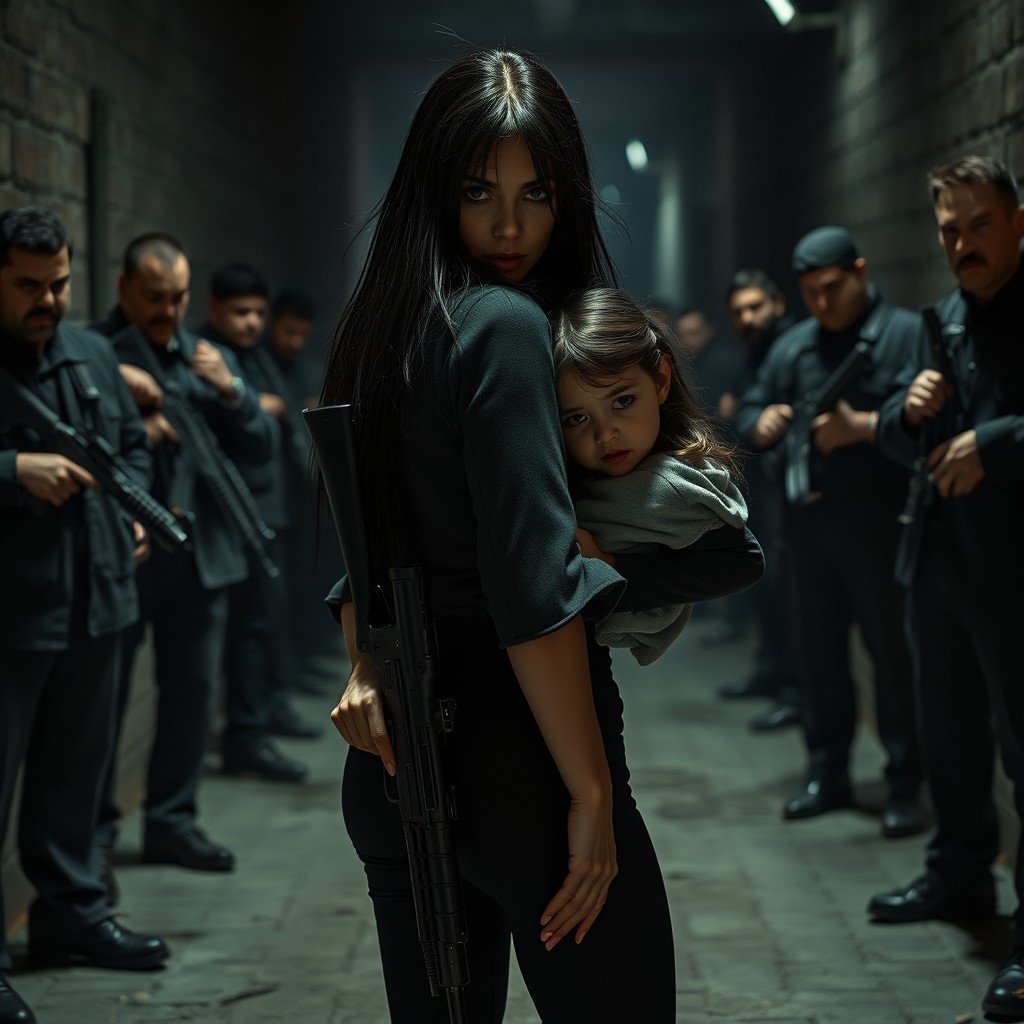 A woman with long black hair facing the camera, wearing a fitted black outfit, holding a rifle with her left hand and cradling her six-year-old daughter in her right hand