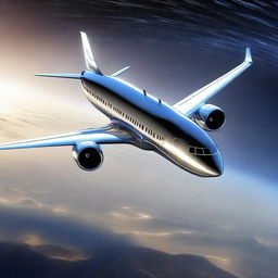 A prototype Boeing 737 in a futuristic design soaring on the edge of space, against a backdrop of stars and the curving horizon of Earth.