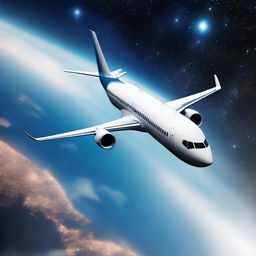 A prototype Boeing 737 in a futuristic design soaring on the edge of space, against a backdrop of stars and the curving horizon of Earth.