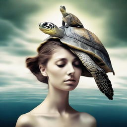 Surreal image of a turtle with the head of a girl, merging natural and human elements