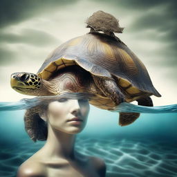 Surreal image of a turtle with the head of a girl, merging natural and human elements