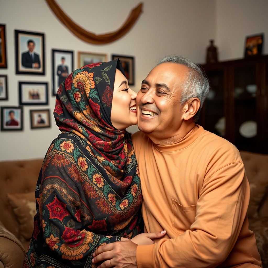 A warm and affectionate scene of a Muslim aunt in a colorful hijab kissing her uncle on the cheek