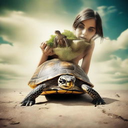 Surreal image of a turtle with the head of a girl, merging natural and human elements