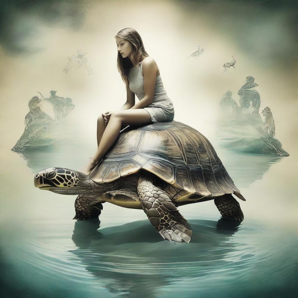 Surreal image of a turtle with the head of a girl, merging natural and human elements