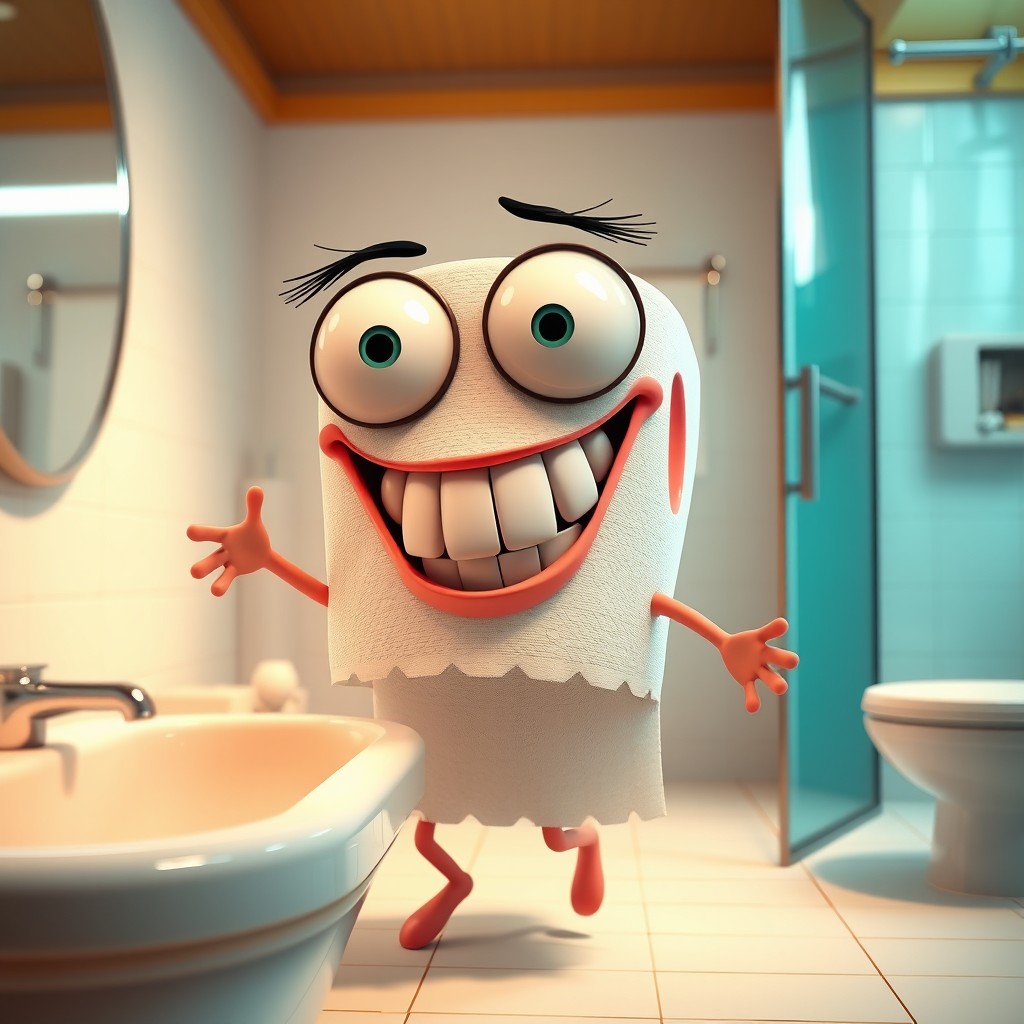A super funny and crazy 3D cartoon toilet paper roll character with huge bulging funny eyes and a wide goofy psycho smile displaying silly teeth