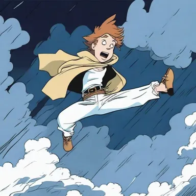 In the cartoon, the character was lifted off the ground by a powerful squall.