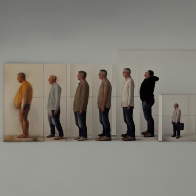 A painting depicting the evolution of an individual from the past, to the present, and potentially the future