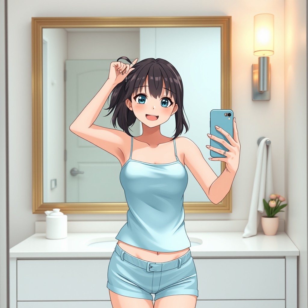 An anime preteen girl with a cheerful expression, taking silly selfies in front of a stylish bathroom vanity mirror